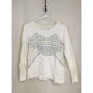 [188]Lace Embroidered Blouse S. White Long Sleeve Floral Top, stain on sleeve